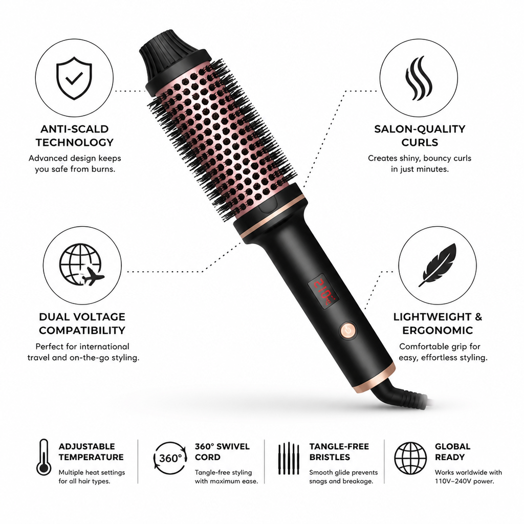 Hair Curling Brush Rotating Hot Air Anti-Scald Dual Voltage