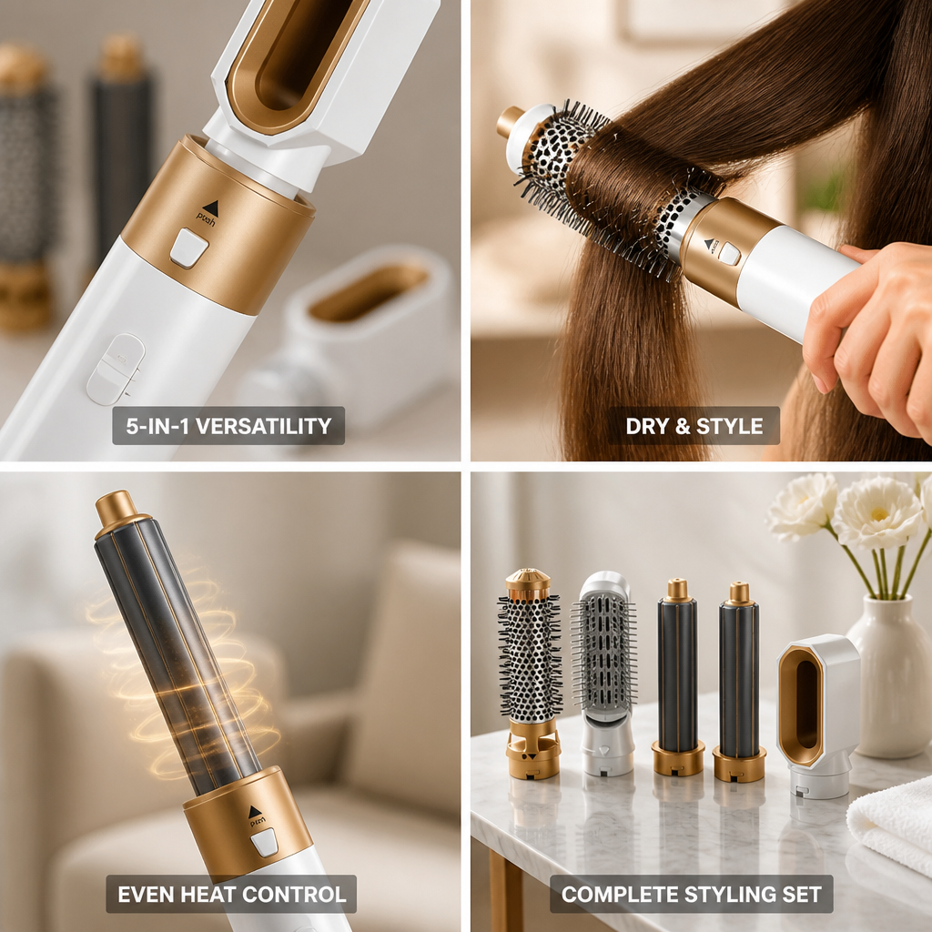 Hair Dryer Brush Five Interchangeable Heads & Ceramic Coating