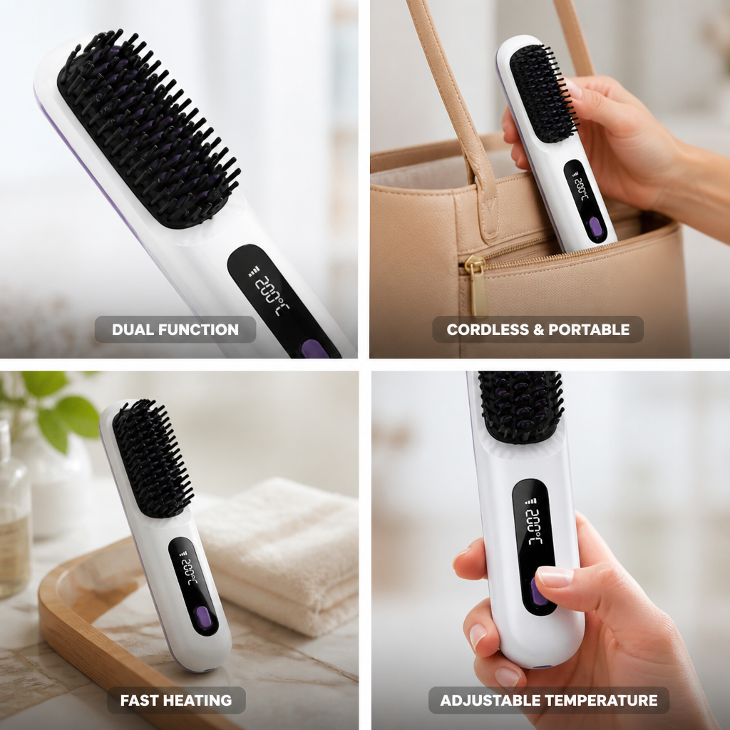 Hair Straightener Brush Cordless Fast Heat Adjustable Temperature