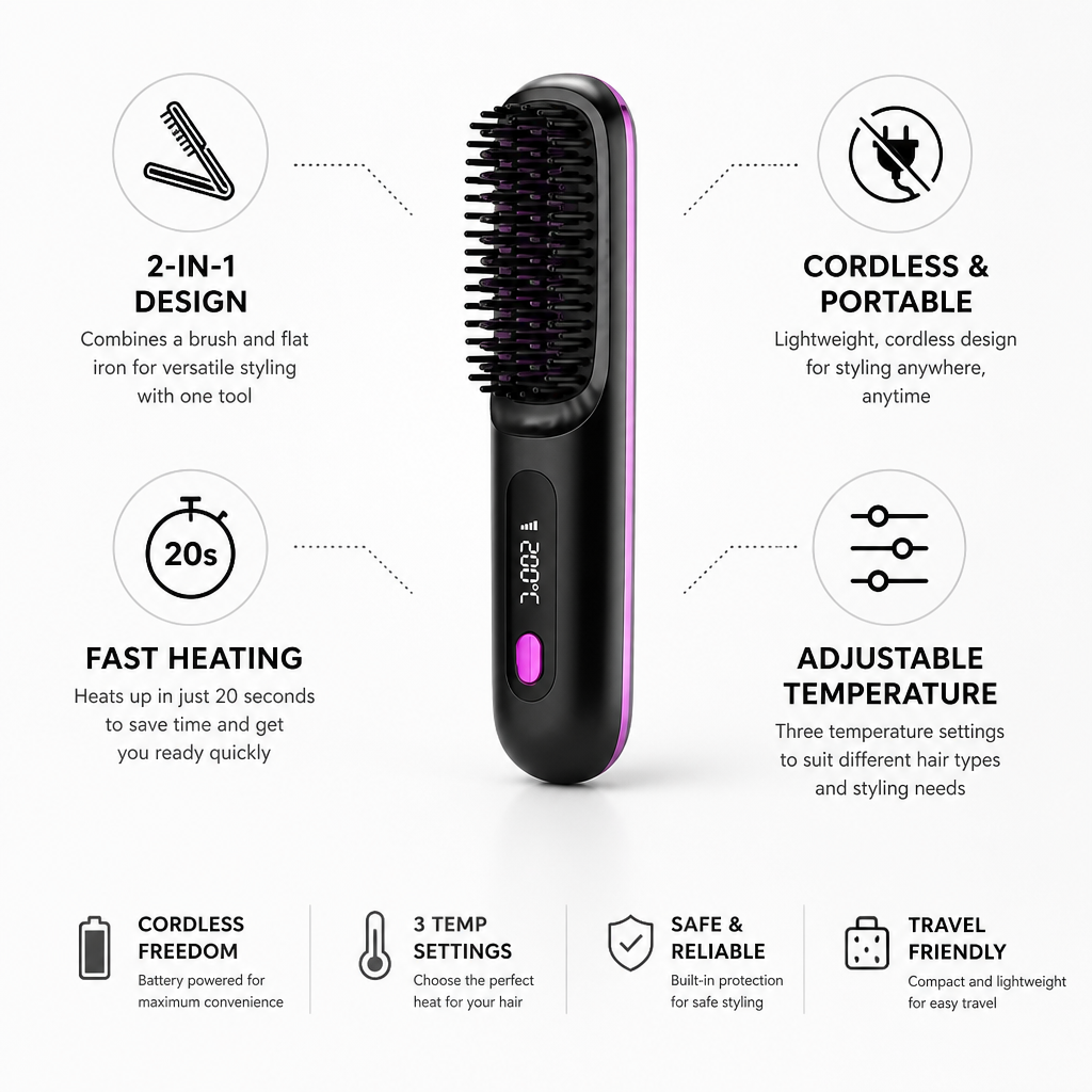 Hair Straightener Brush Cordless Fast Heat Adjustable Temperature