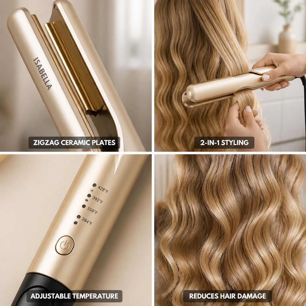 Hair Straightener & Curler Zigzag Ceramic & Adjustable Temperature