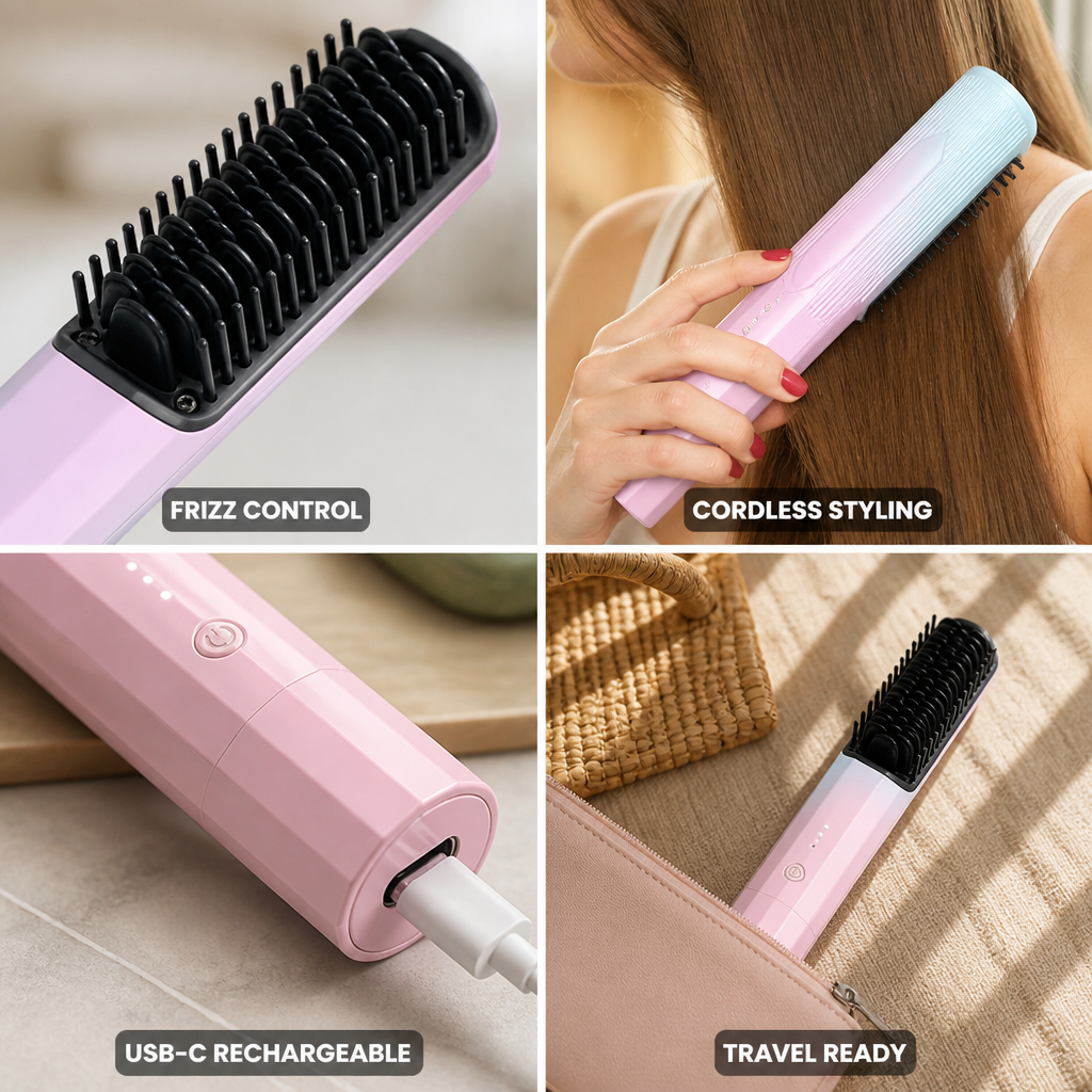 Hair Straightening Brush Cordless USB-C Ceramic Tourmaline