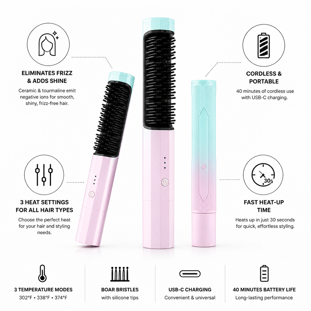 Hair Straightening Brush Cordless USB-C Ceramic Tourmaline