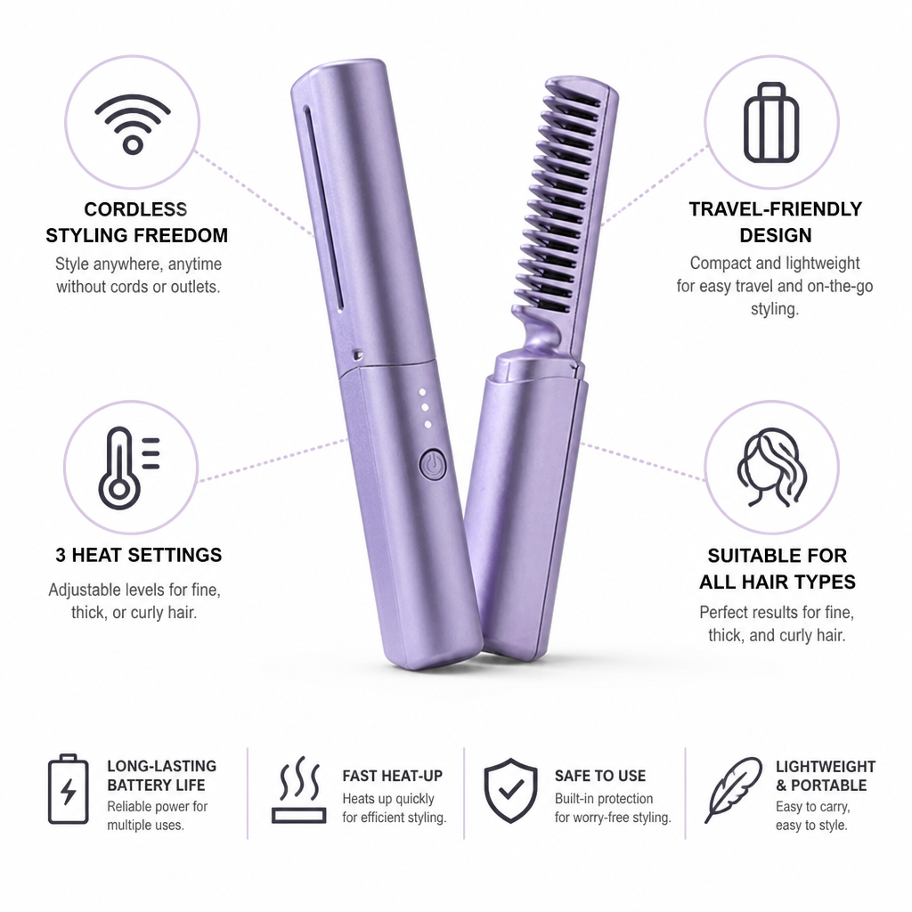 Heated Comb Cordless Travel Friendly 3 Heat Settings