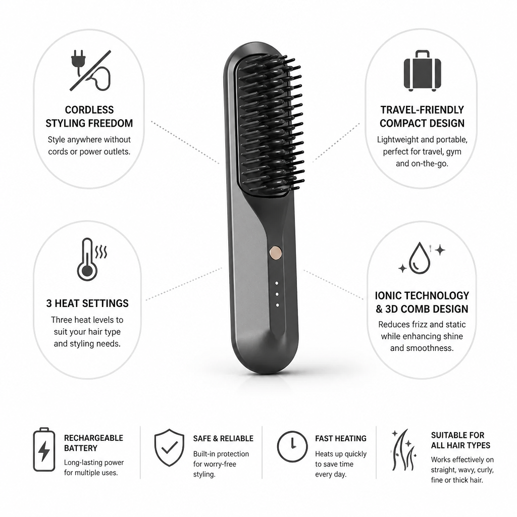 Heated Hair Styler Cordless Ionic 3 Heat Settings