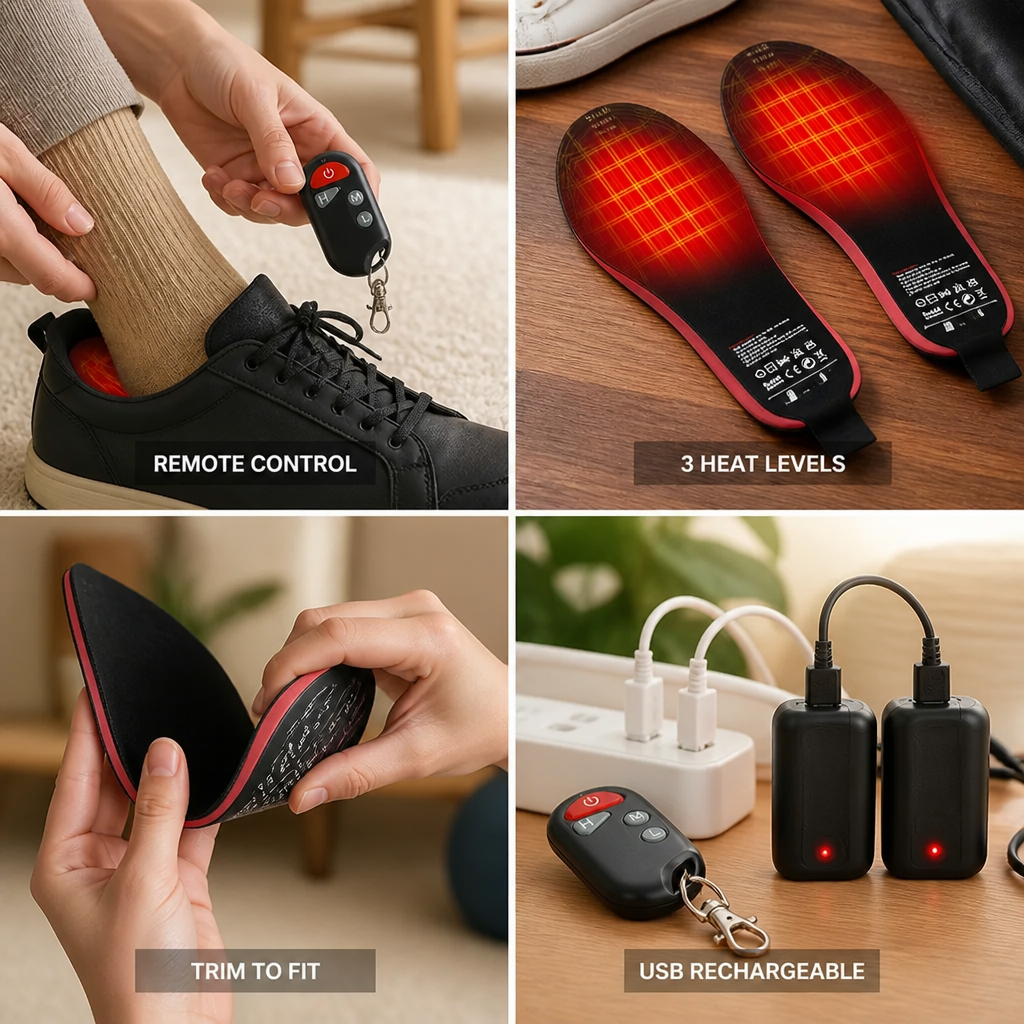 Heated Insoles Remote-Controlled 3 Heat Levels USB Rechargeable