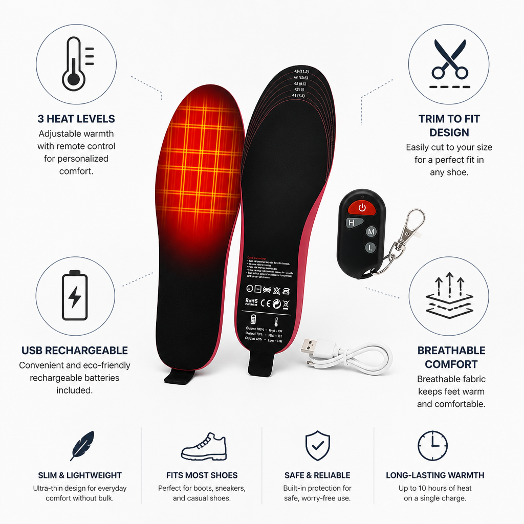 Heated Insoles Remote-Controlled 3 Heat Levels USB Rechargeable