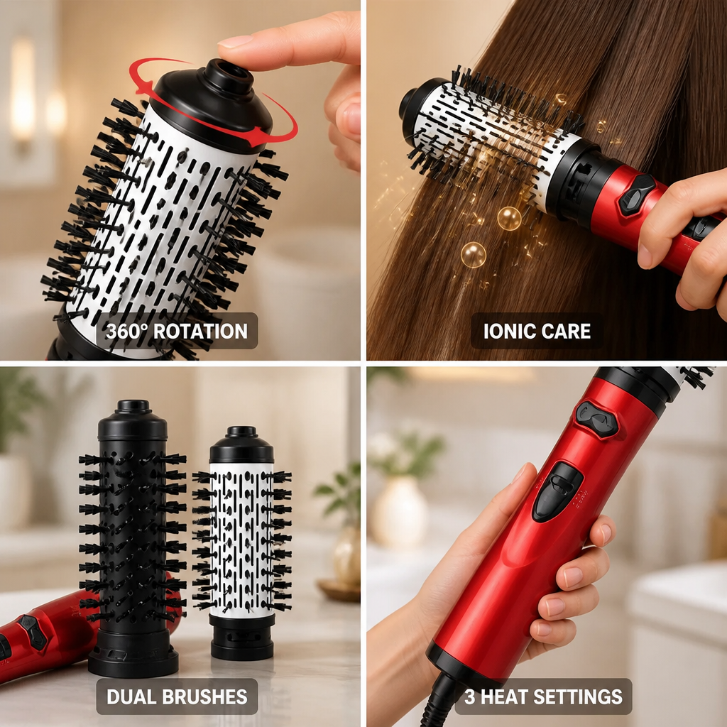 Hot Air Brush 360° Rotating Dual Brushes Ionic 3 Temps