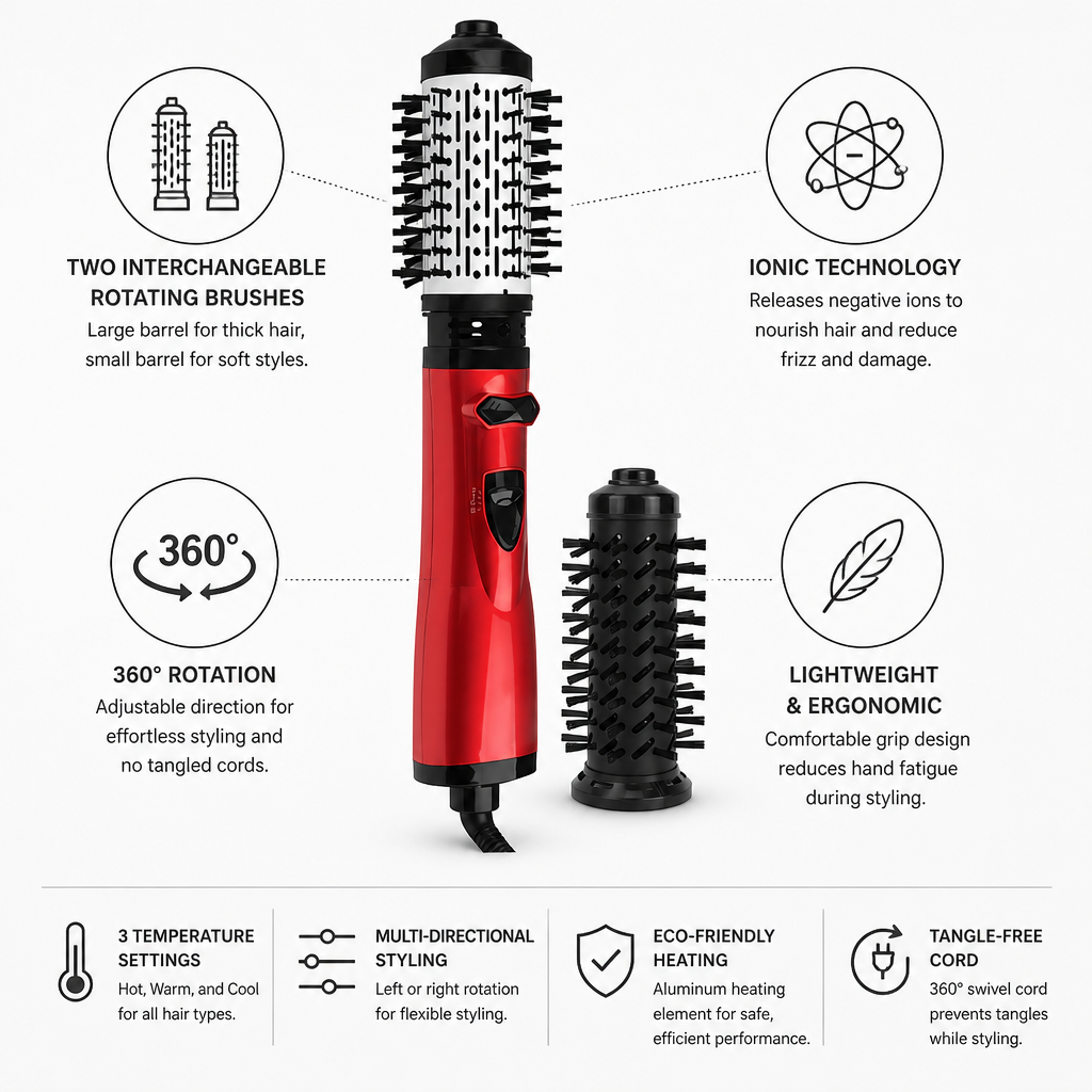 Hot Air Brush 360° Rotating Dual Brushes Ionic 3 Temps
