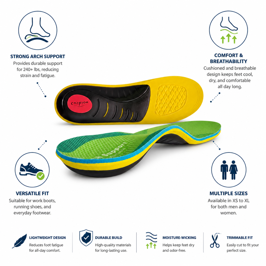 Insoles High-Arch 240+ lb Support Cushioned & Breathable