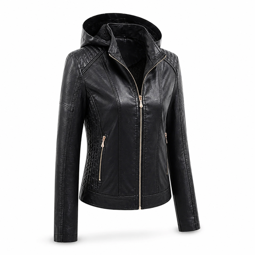 Jacket Faux Leather Detachable Hood Zip Front