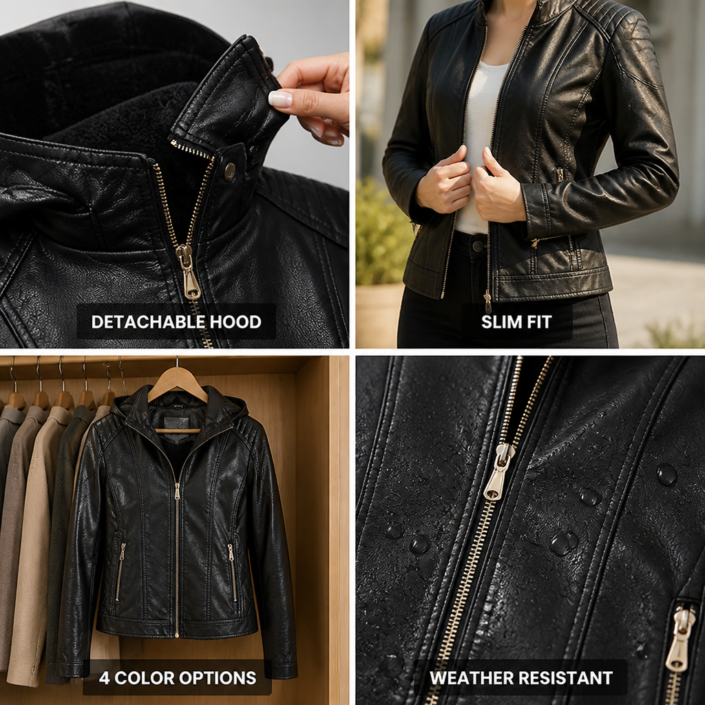 Jacket Faux Leather Detachable Hood Zip Front