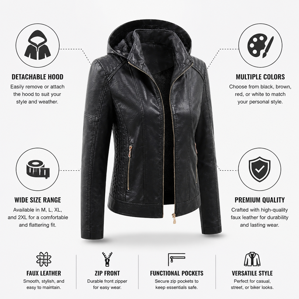 Jacket Faux Leather Detachable Hood Zip Front