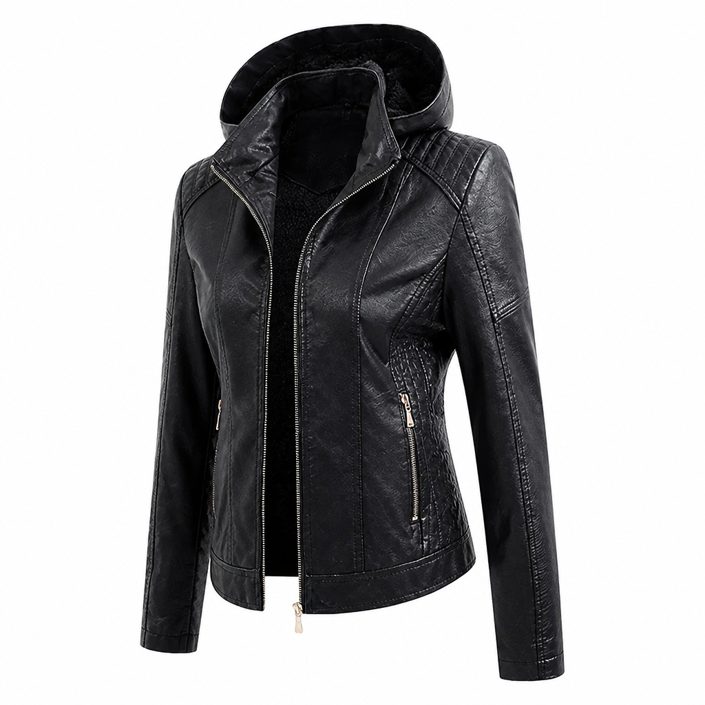 Jacket Faux Leather Detachable Hood Zip Front