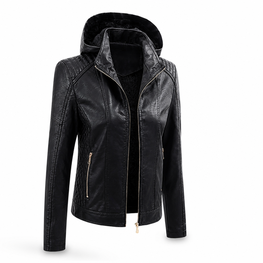 Jacket Faux Leather Detachable Hood Zip Front
