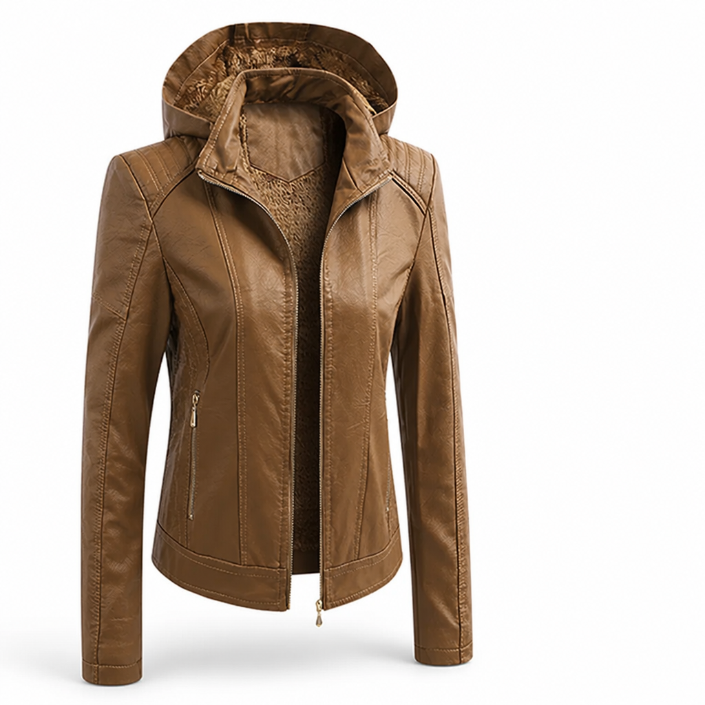 Jacket Faux Leather Detachable Hood Zip Front