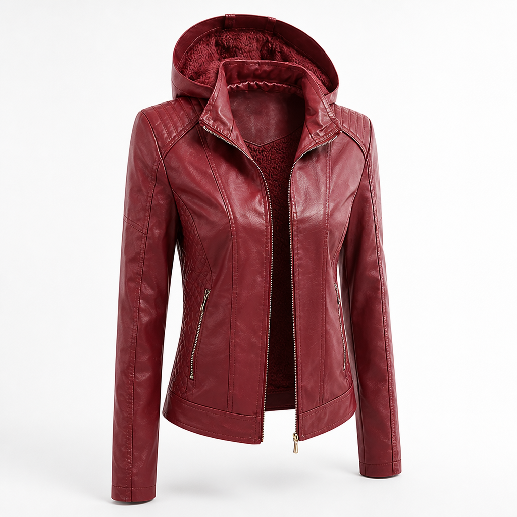 Jacket Faux Leather Detachable Hood Zip Front