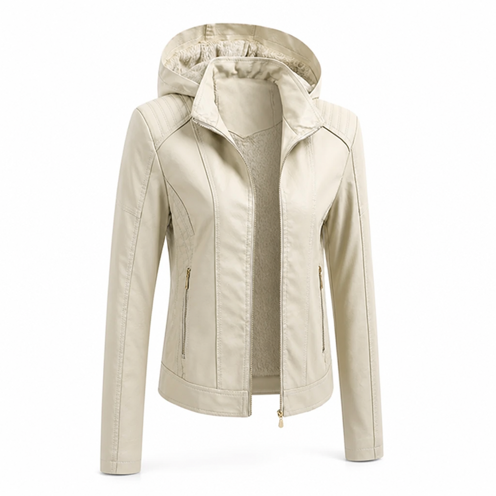 Jacket Faux Leather Detachable Hood Zip Front