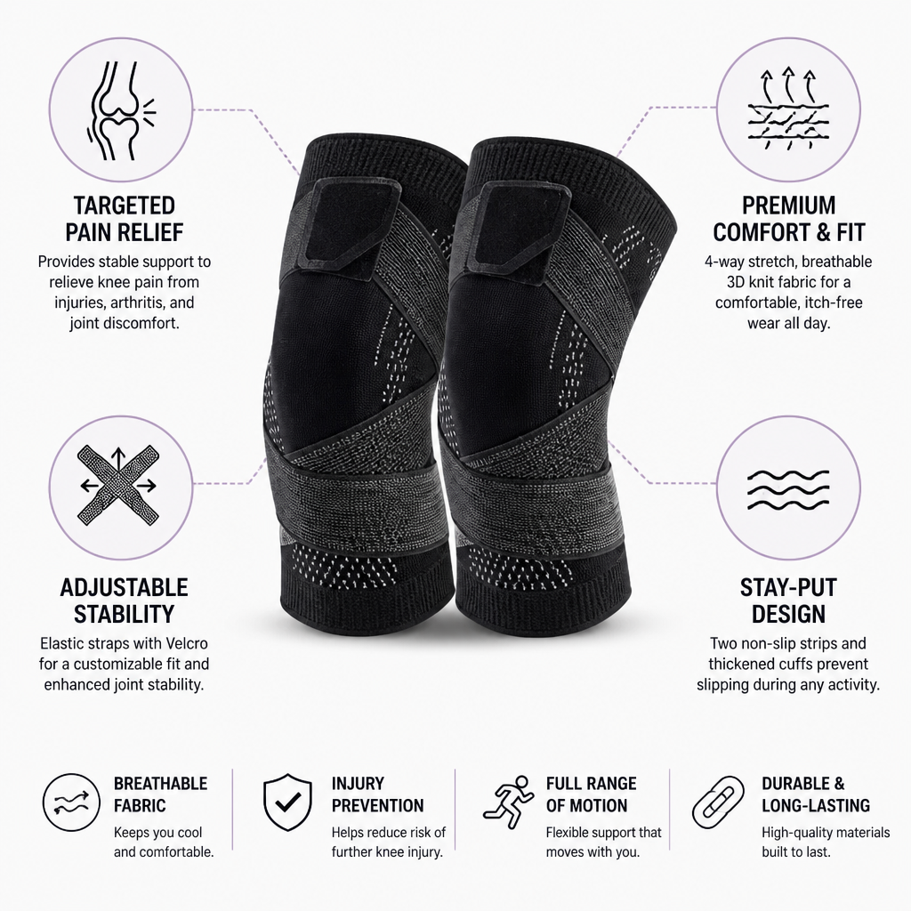 Knee Compression Sleeve 3D Knitted Breathable Adjustable Velcro Straps