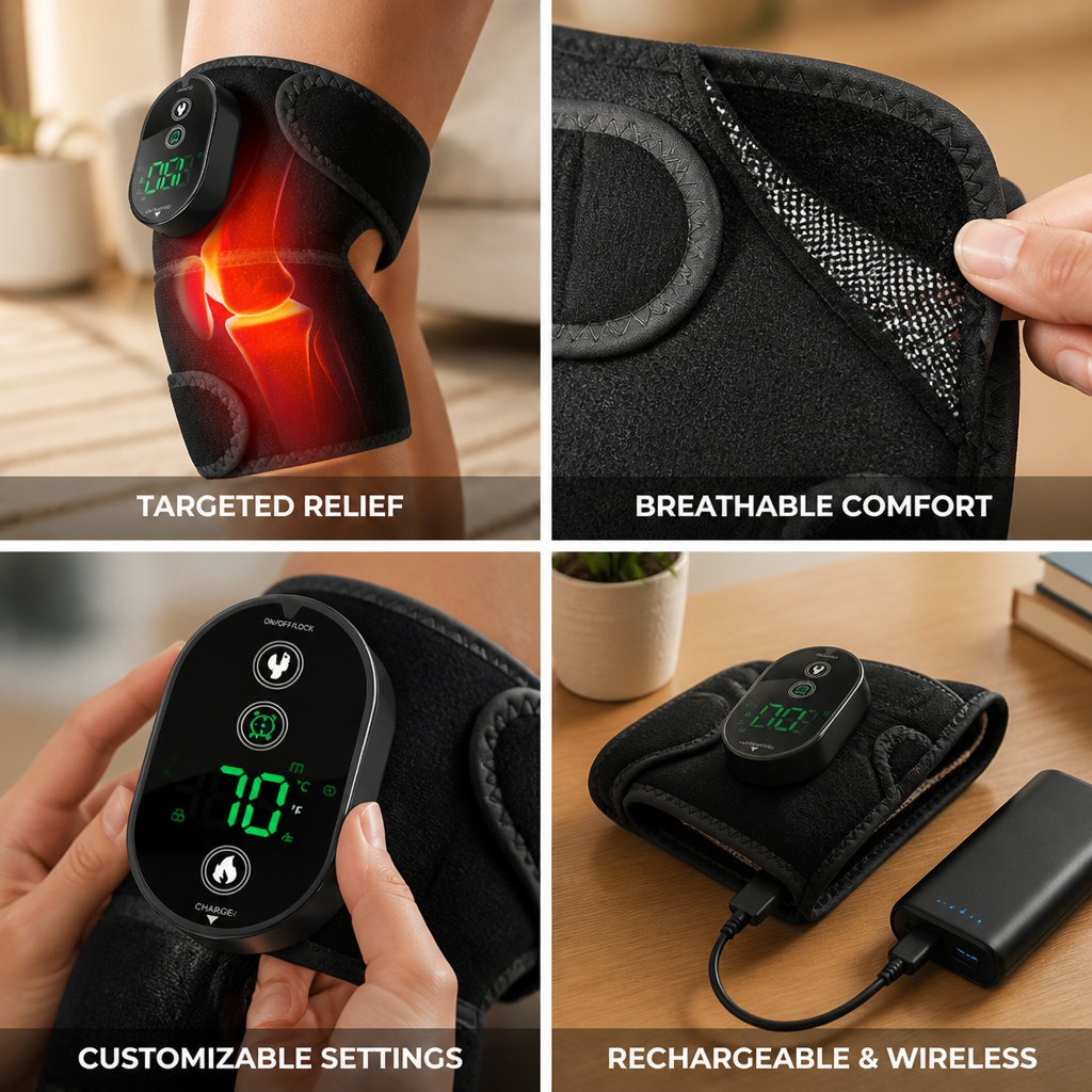 Knee Heat Therapy Wrap Wireless Rechargeable Breathable Fabric & Extension Straps