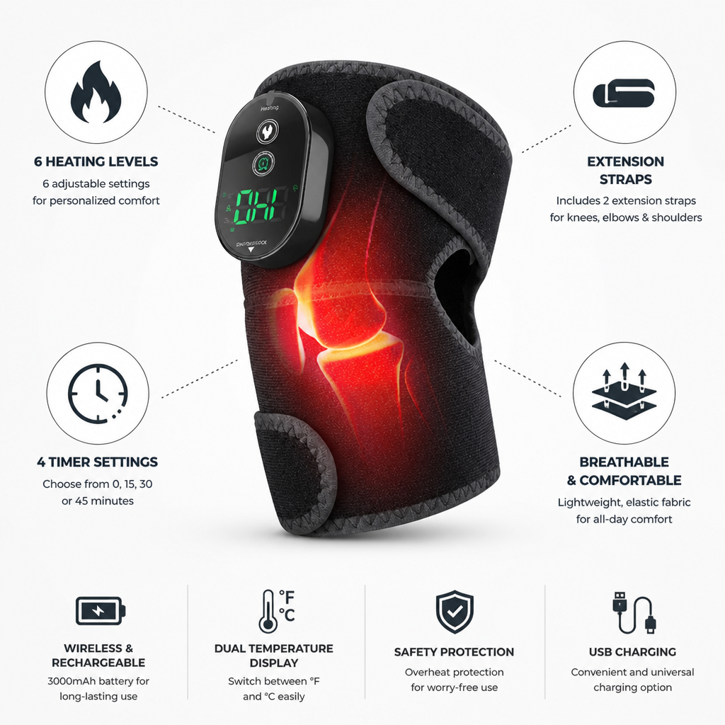 Knee Heat Therapy Wrap Wireless Rechargeable Breathable Fabric & Extension Straps