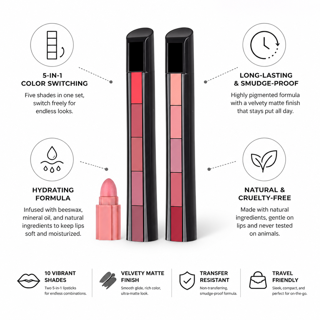 Lipstick Set 5-in-1 Switchable 10 Colors Hydrating Beeswax