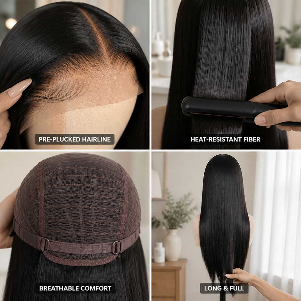 Long Straight Wig Pre-Plucked Hairline Heat-Resistant Fiber