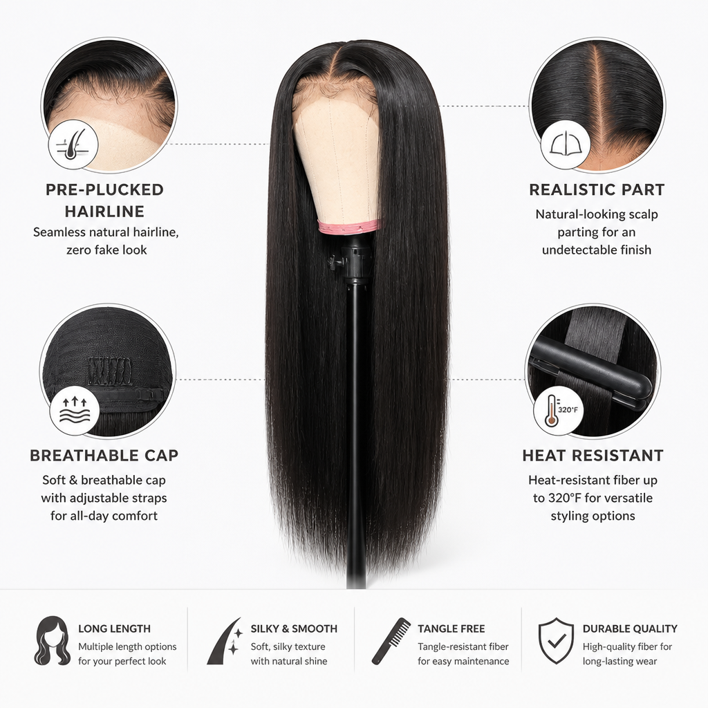 Long Straight Wig Pre-Plucked Hairline Heat-Resistant Fiber