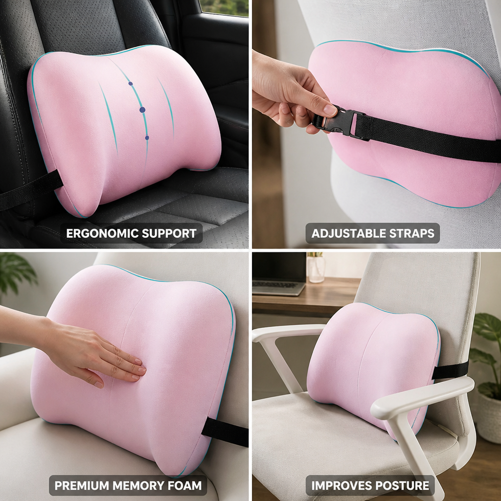 Lumbar Pillow Ergonomic Memory Foam Adjustable Straps