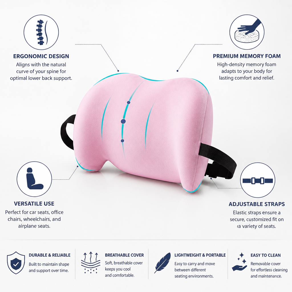 Lumbar Pillow Ergonomic Memory Foam Adjustable Straps