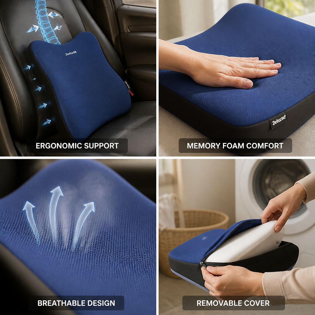 Lumbar Support Cushion Ergonomic Memory Foam Removable Cover