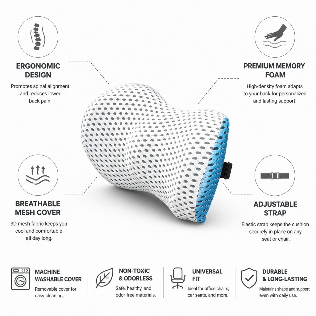 Lumbar Support Cushion Memory Foam Removable Mesh Cover
