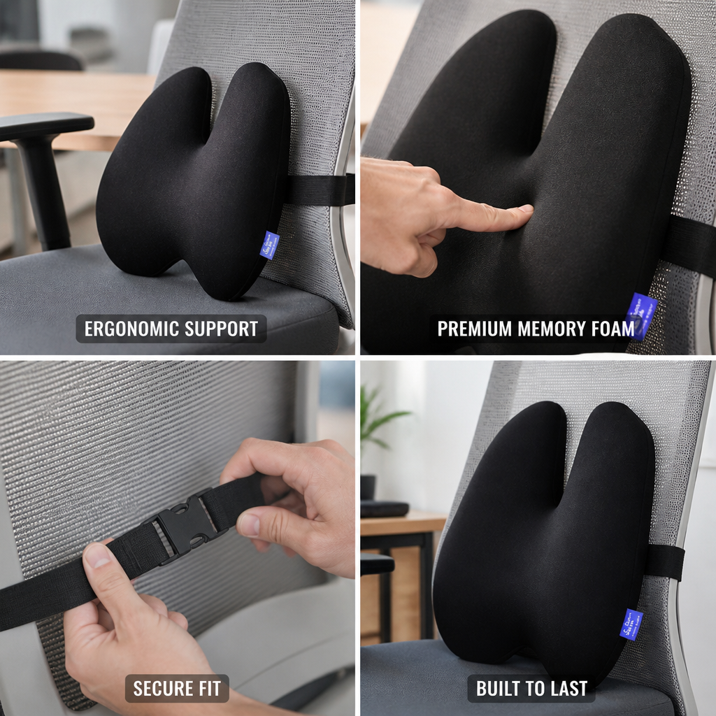 Lumbar Support Pillow Contoured Ergonomic Memory Foam & Strap