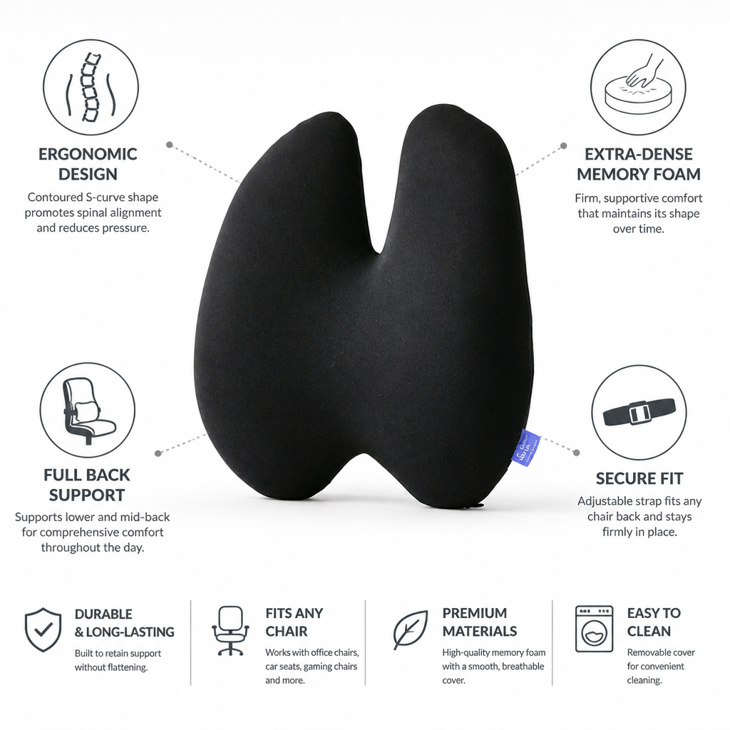 Lumbar Support Pillow Contoured Ergonomic Memory Foam & Strap