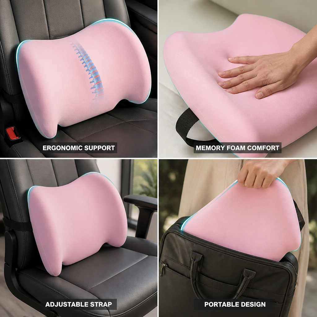Lumbar Support Pillow Ergonomic High-Density Memory Foam Adjustable Strap