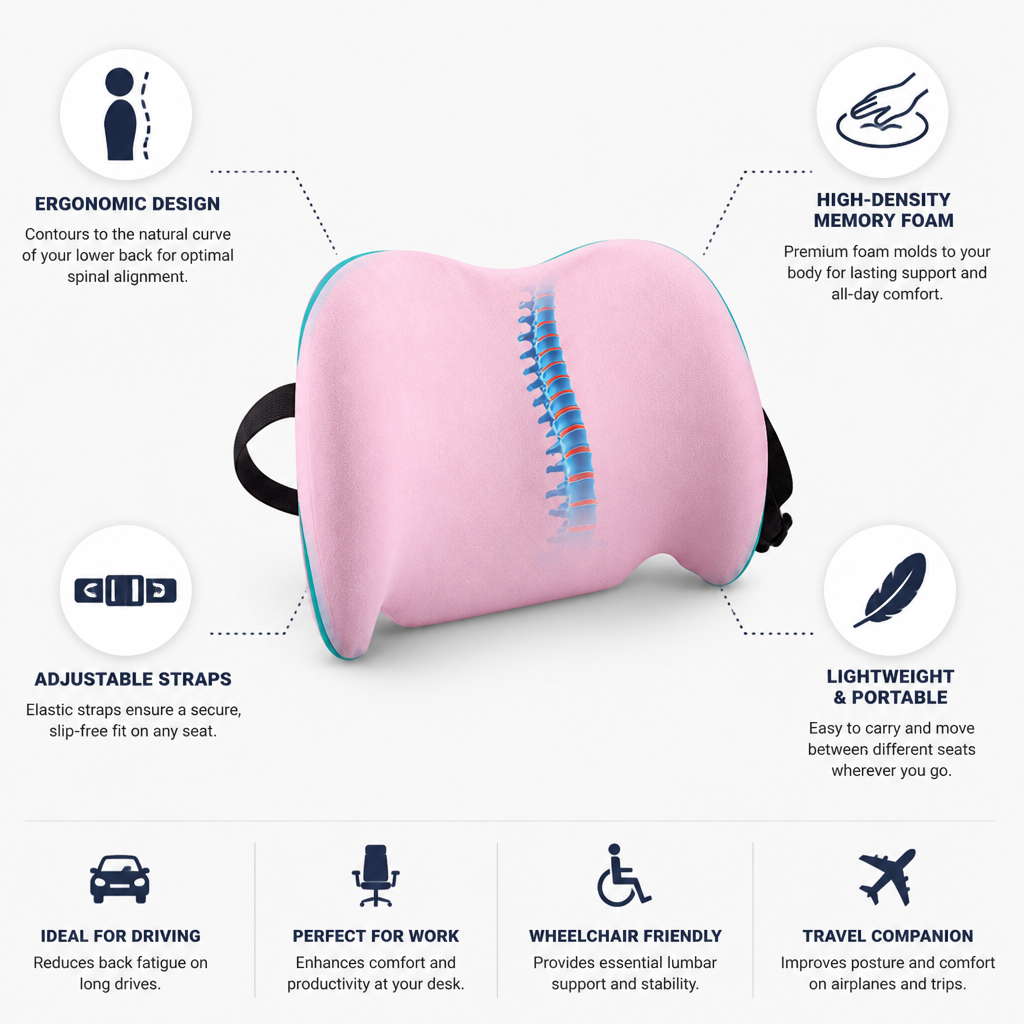 Lumbar Support Pillow Ergonomic High-Density Memory Foam Adjustable Strap