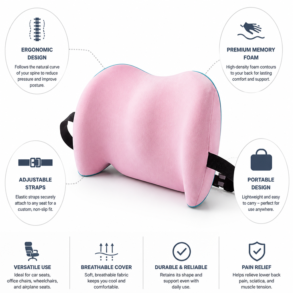 Lumbar Support Pillow Ergonomic Memory Foam Adjustable Straps