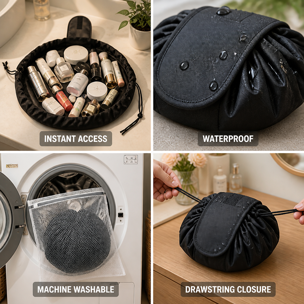 Makeup Bag Fold-Out Drawstring Organizer Waterproof & Machine Washable