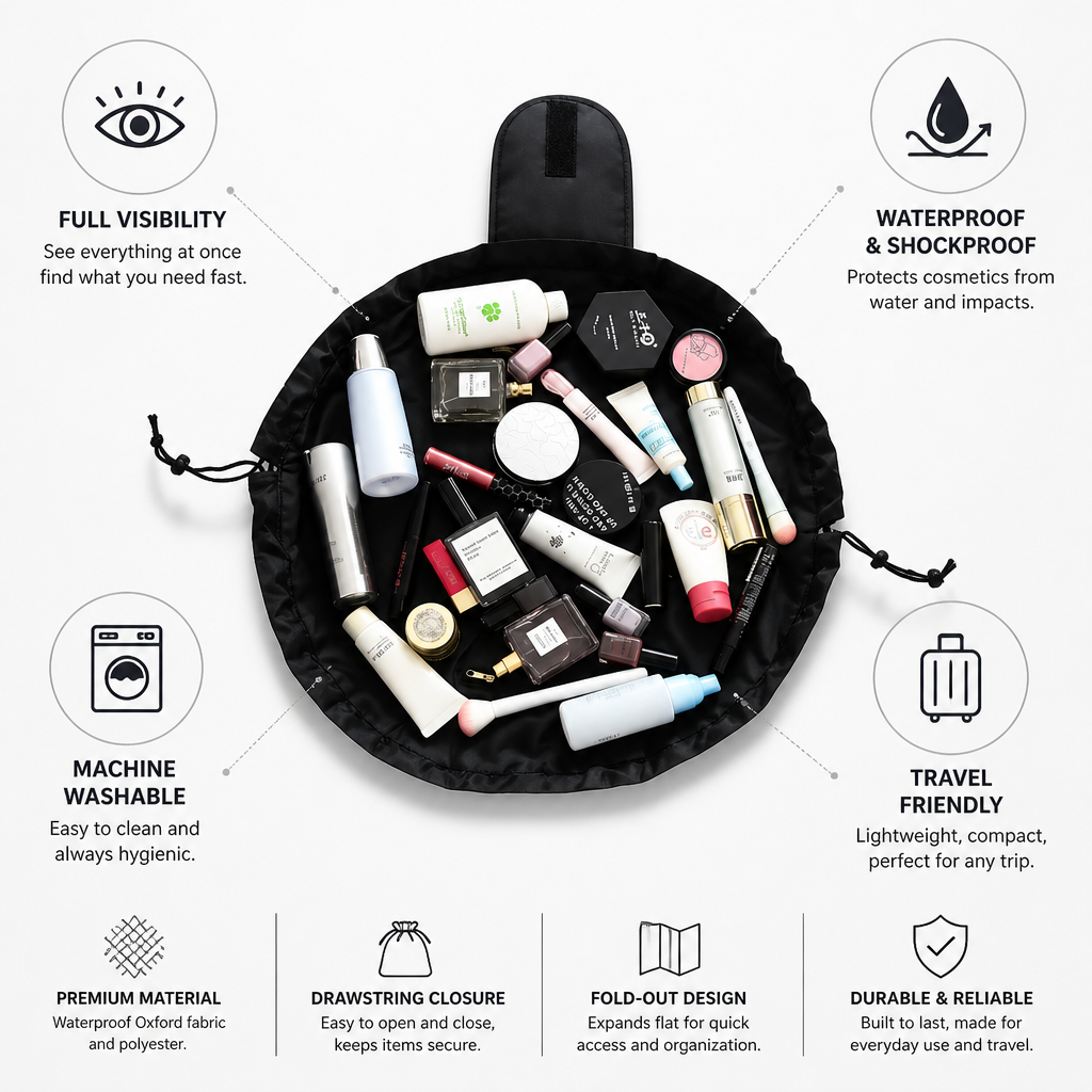 Makeup Bag Fold-Out Drawstring Organizer Waterproof & Machine Washable