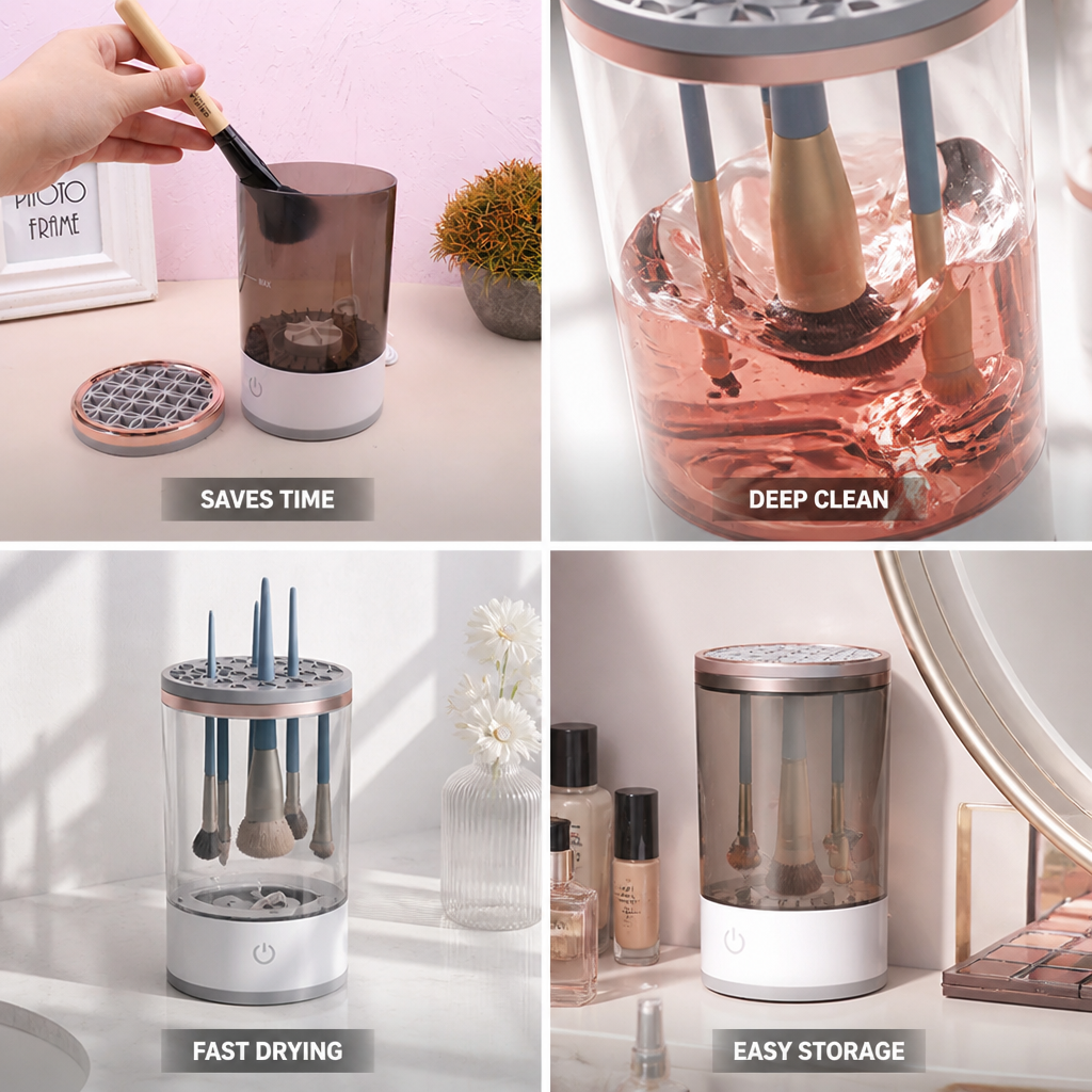 Makeup Brush Cleaner Automatic Spin & Dry Universal Fit Adapters