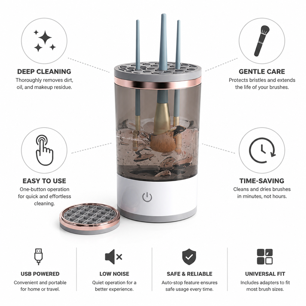 Makeup Brush Cleaner Automatic Spin & Dry Universal Fit Adapters