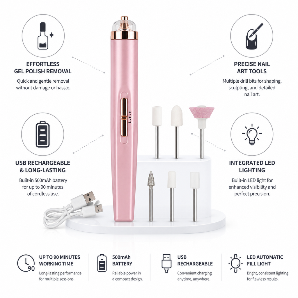 Manicure Kit Electric Nail Drill LED Light USB Rechargeable