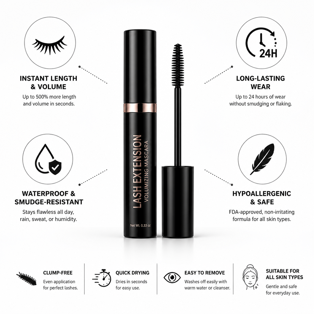 Mascara Lash Extension Volumizing Waterproof & Smudge-Resistant