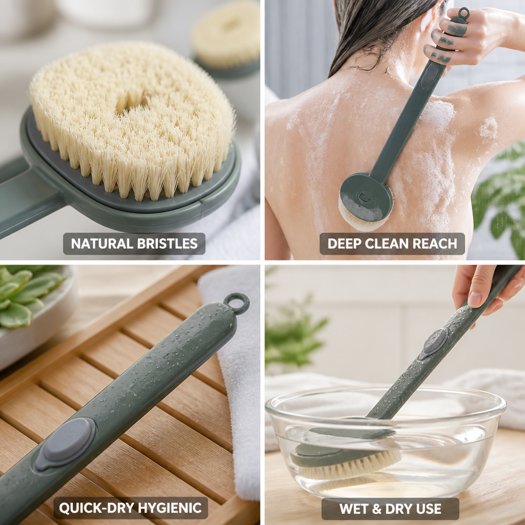 Massage Bath Brush Long Ergonomic Handle & Natural Boar Bristles