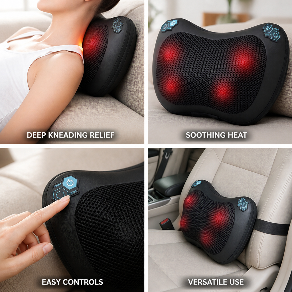 Massage Pillow 3D Kneading 4 Heads Warming Light