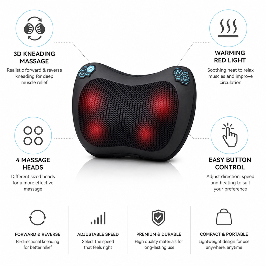 Massage Pillow 3D Kneading 4 Heads Warming Light