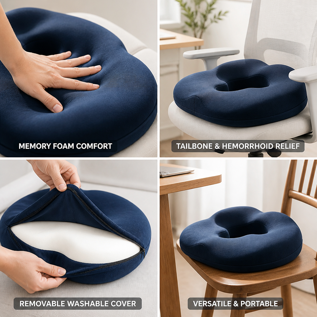 Memory Foam Seat Cushion Contoured U-Shaped Tailbone Relief