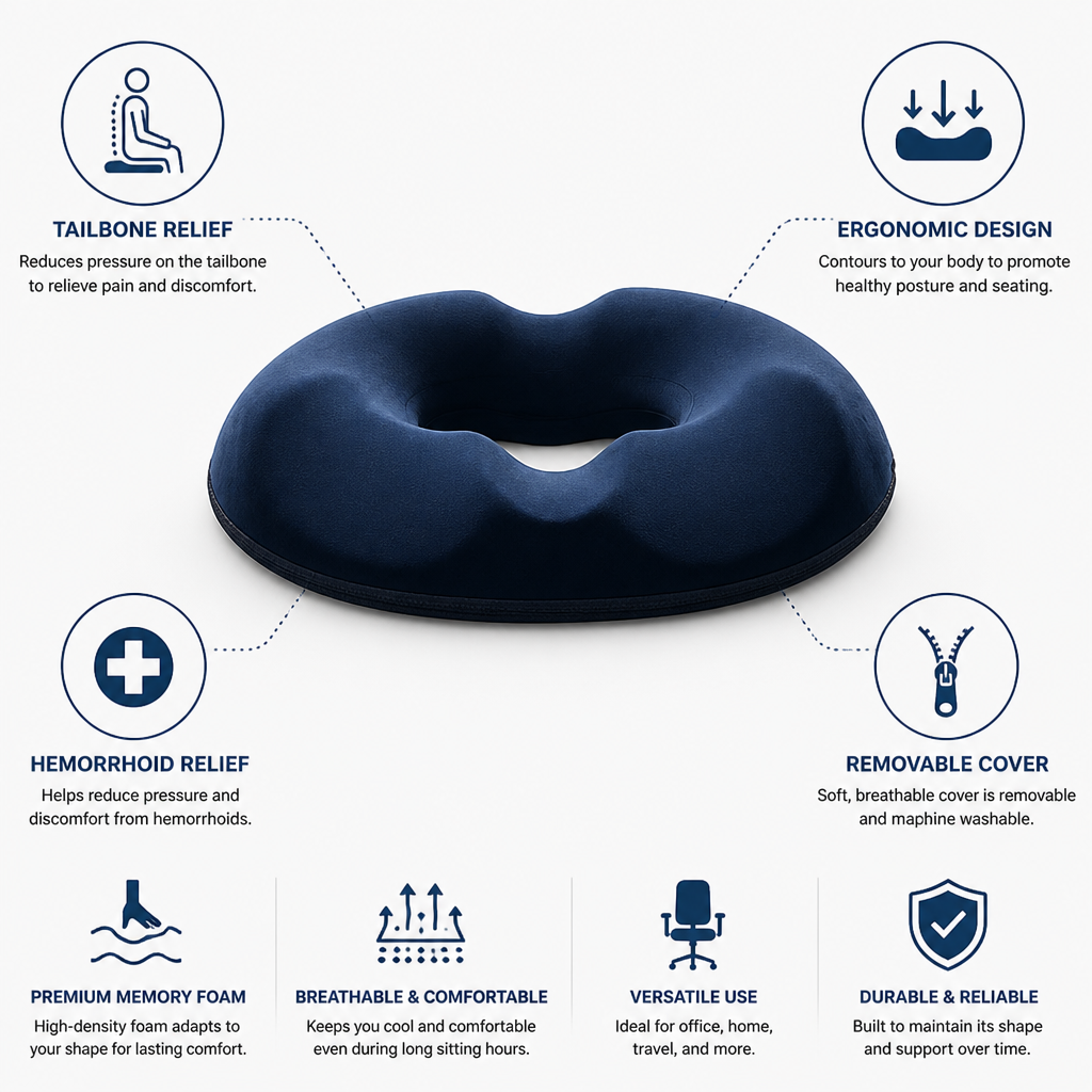 Memory Foam Seat Cushion Contoured U-Shaped Tailbone Relief