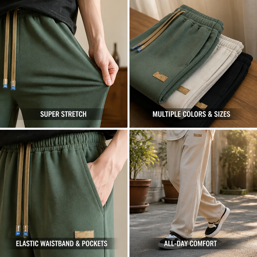 Men's Stretch Pants Super-Stretch Elastic Waistband & Pockets