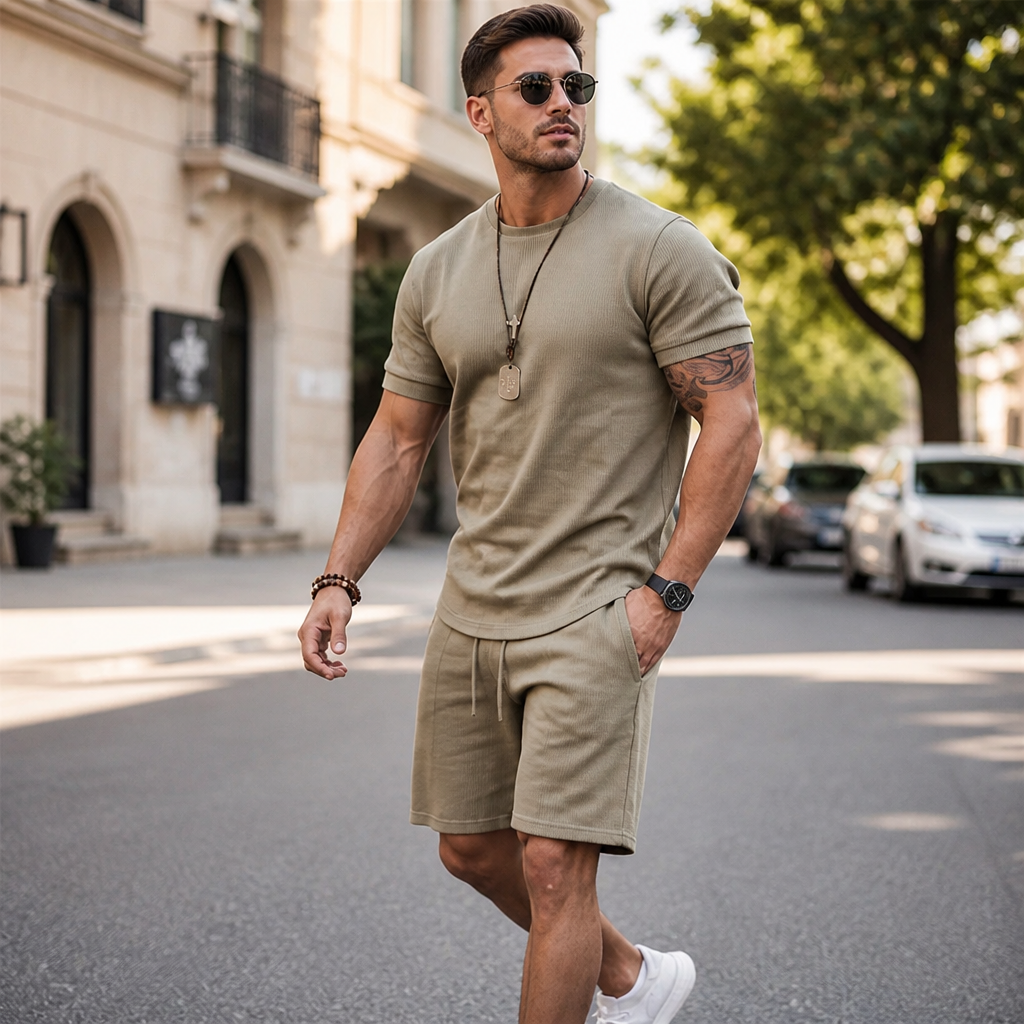 Men's Two-Piece Set Breathable Polyester Drawstring Waist & Pockets